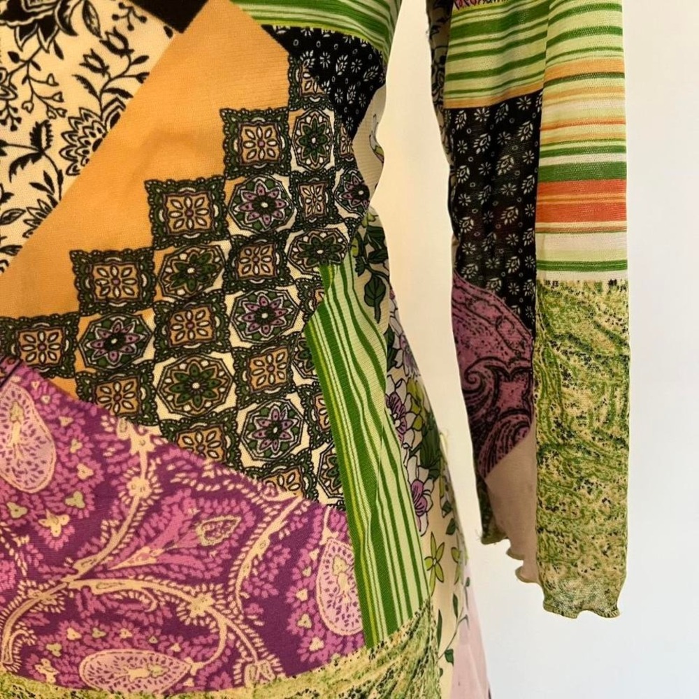 Y2K Semi-sheer Micromesh Sequin Patchwork Paisley Whimsygoth 3/4 Sleeve Top - Picture 3 of 8